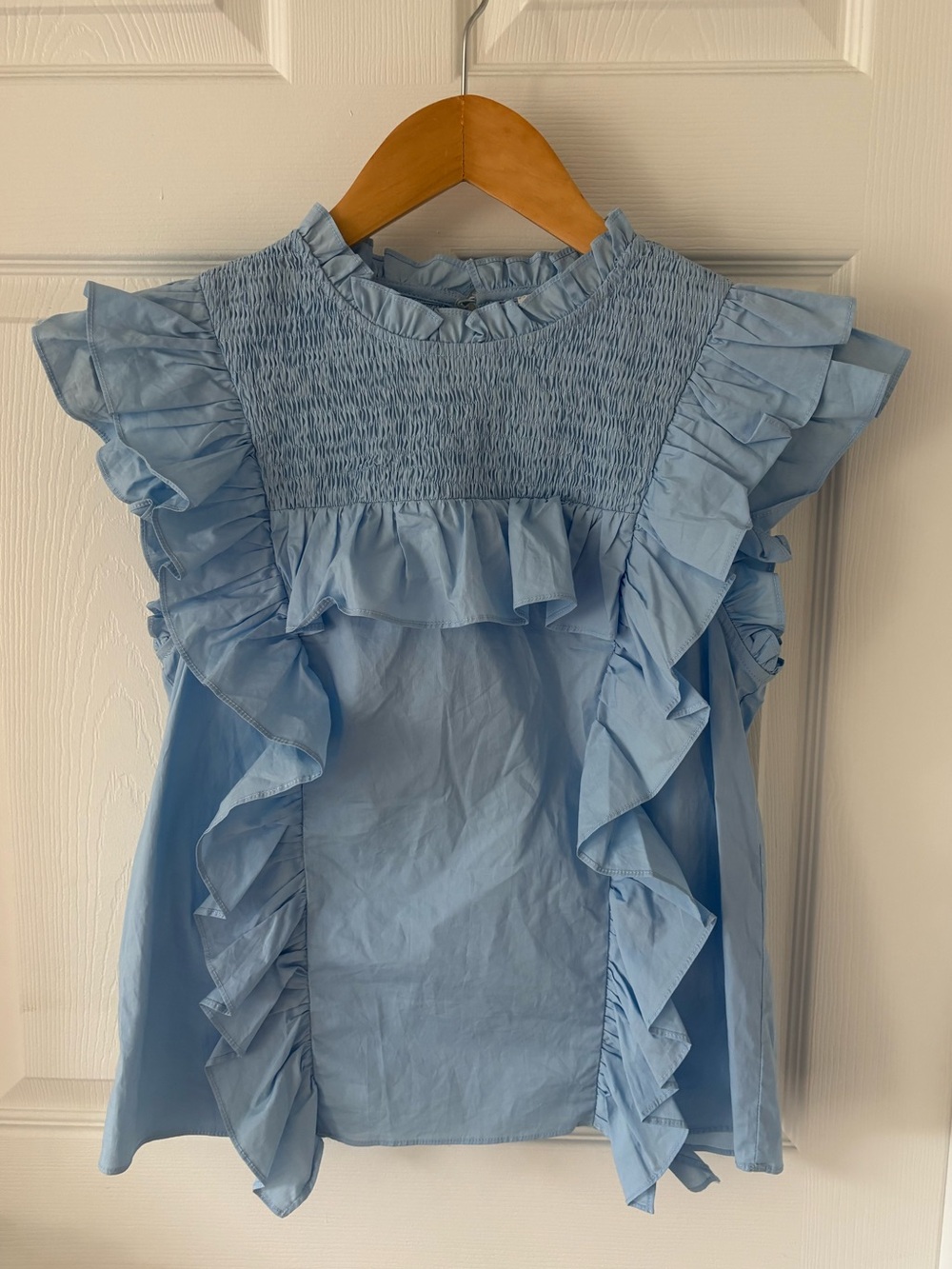 English Factory Blue Smocked Ruffle Poplin Blouse Top Size S